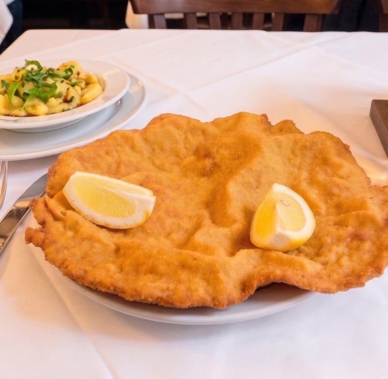 Un auténtico plato de Wiener Schnitzel (escalope vienés) dorado y crujiente, servido con limón