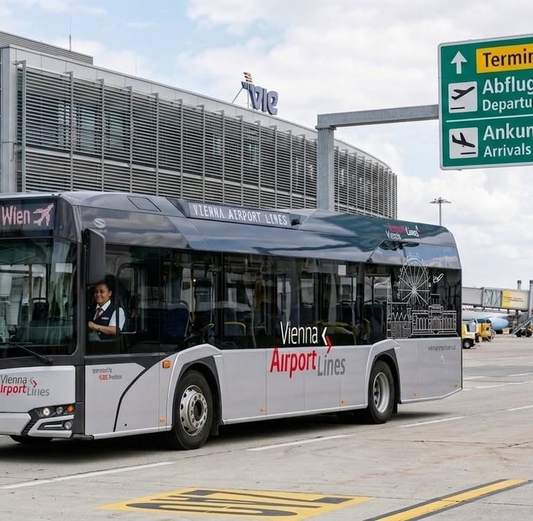 Autobús gris de Vienna Airport Lines estacionado en el Aeropuerto de Viena
