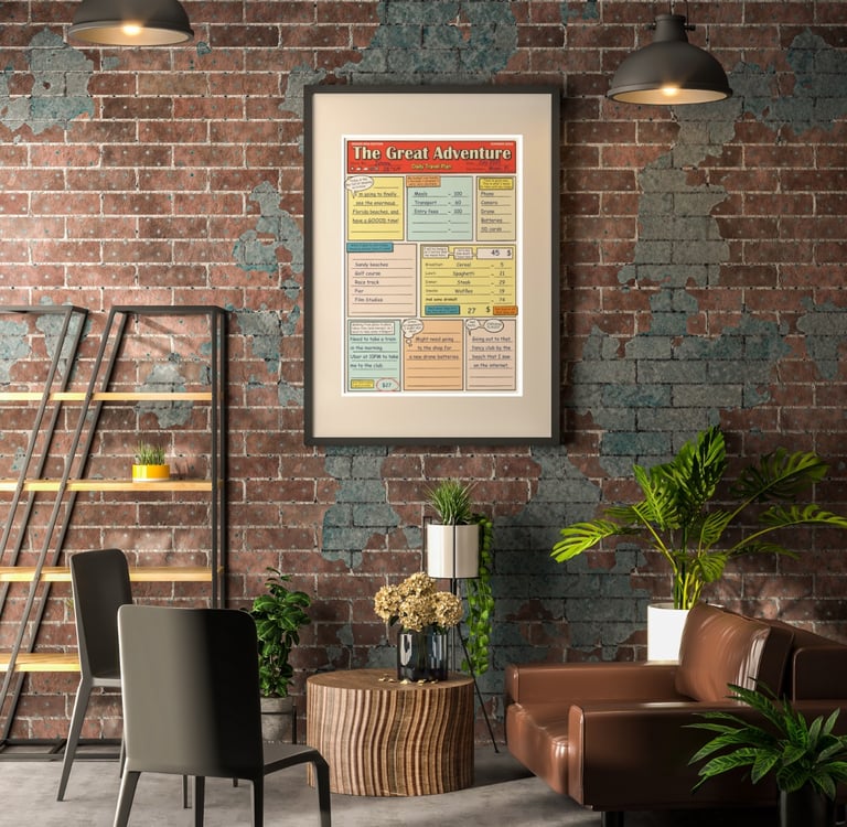 Comic book travel planner poster on the wall