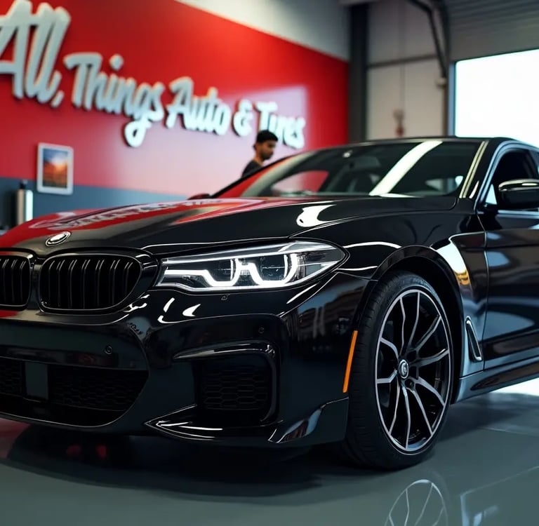 Luxury black BMW at All Things Auto & Tires, a professional car care shop