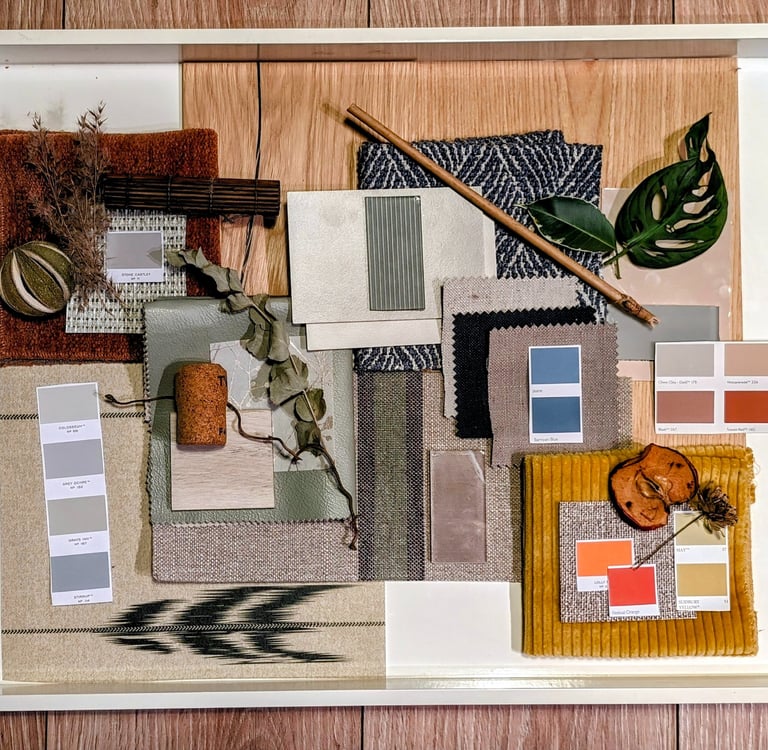 Interior design mood board on a white tray featuring fabric swatches, color palettes, and natural textures.