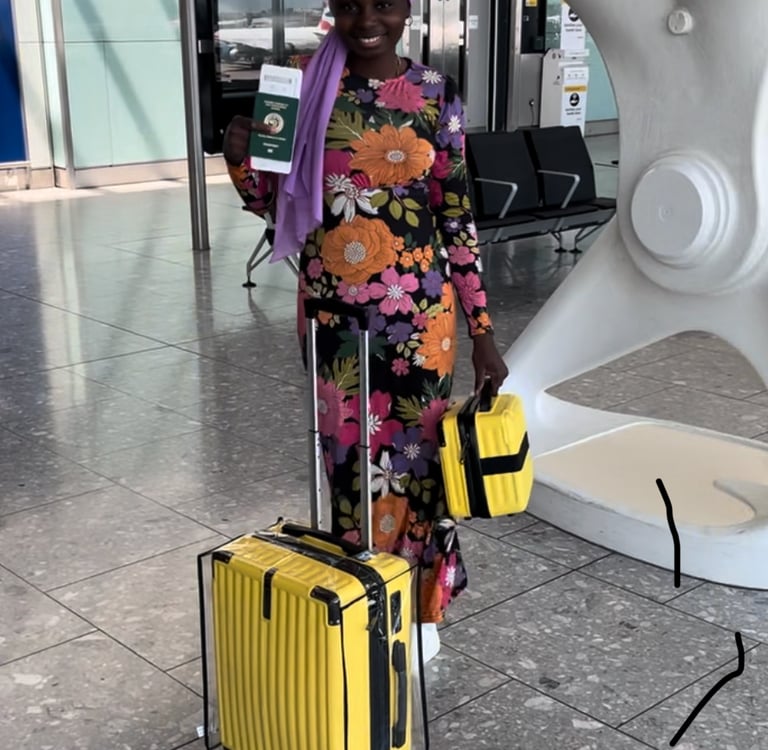 A Nigerian girl wearing a colourful dress,  holding a Nigerian passport in an airport in London