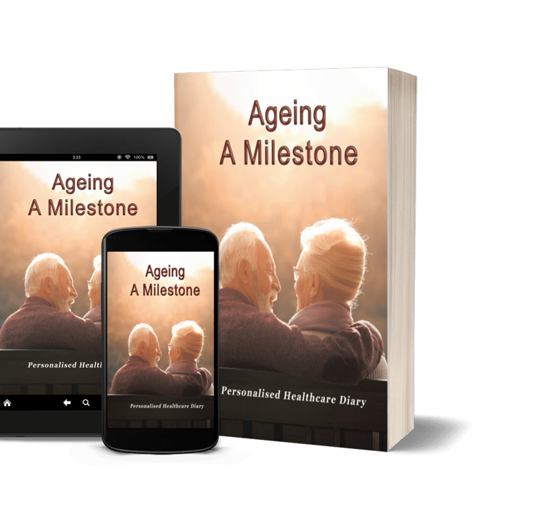 a tablet and a phone with a book about ageing on it with the book beside it