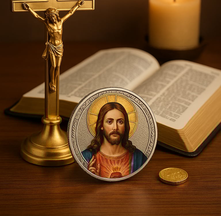 Jesus on a coin next to a crucifix, bible and candle