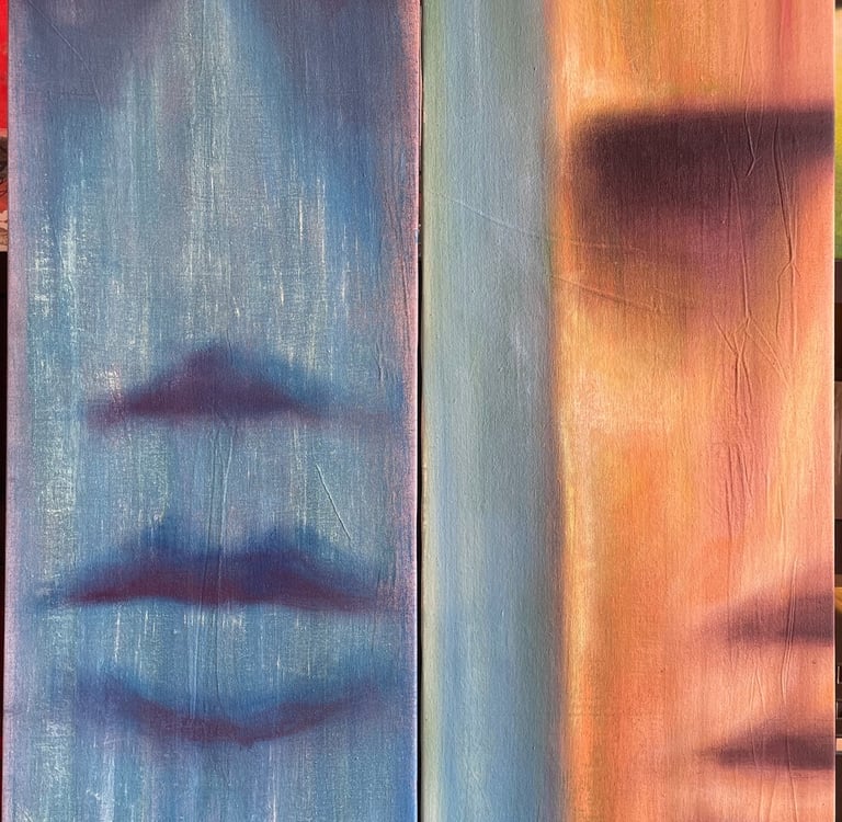 two side-by-side vertical paintings of MOAI faces