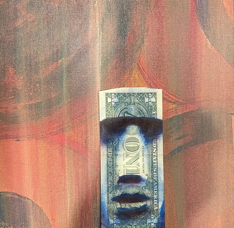 UHO Series, "Ultimate Harmful Obsession", small paintings with a MOAI painted on a Dollar