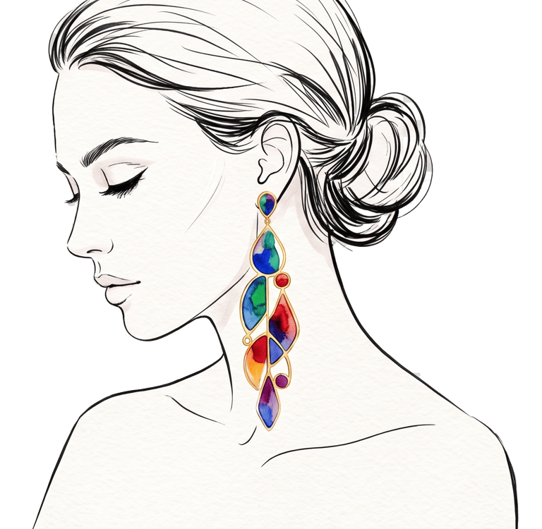 Illustration of a woman in profile wearing elegant multicolor stained glass drop earrings.