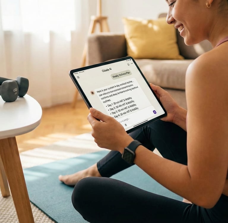 Automated climate lighting control via AI: woman uses smart tablet manage home environment for max comfort energy efficiency.