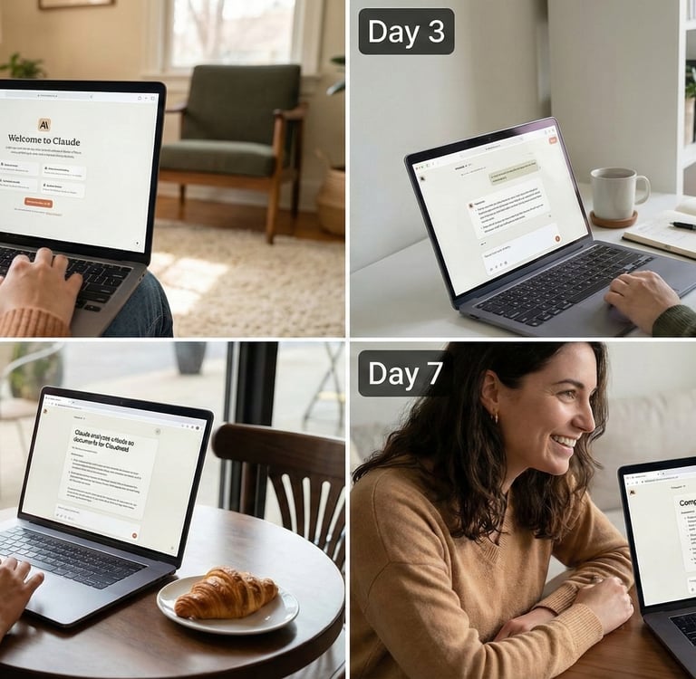 7 day Claude AI Challenge:4 scenes showing the AI's project management help Day 1 welcome to Day 7 summary various locations.