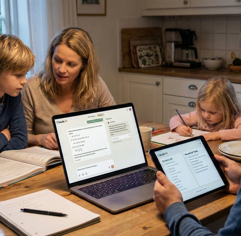 AI for daily life: Family uses Claude AI on laptop to solve math problems organize household chores together table.