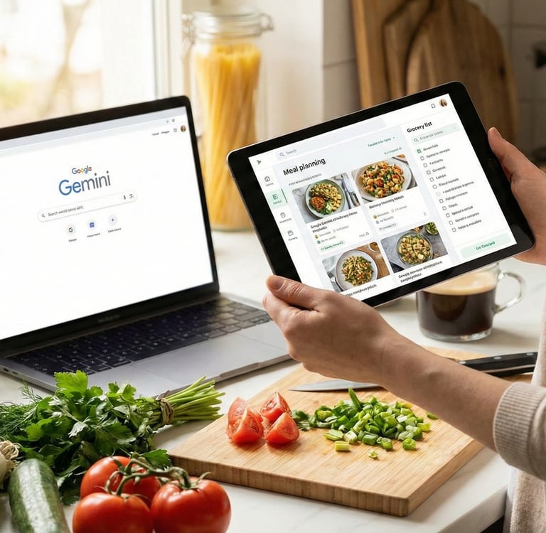 Person using Google Gemini on a tablet for AI meal planning while preparing fresh vegetables in a kitchen.