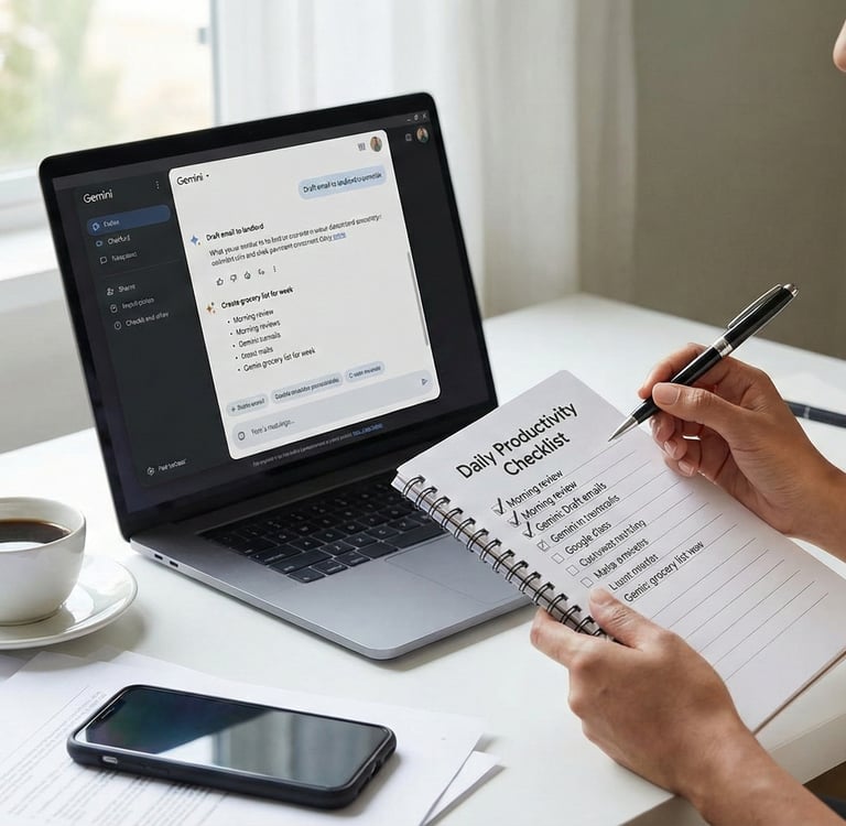 Smiling woman marking a task complete in her daily planner notebook while working on laptop in a bright home office setting.