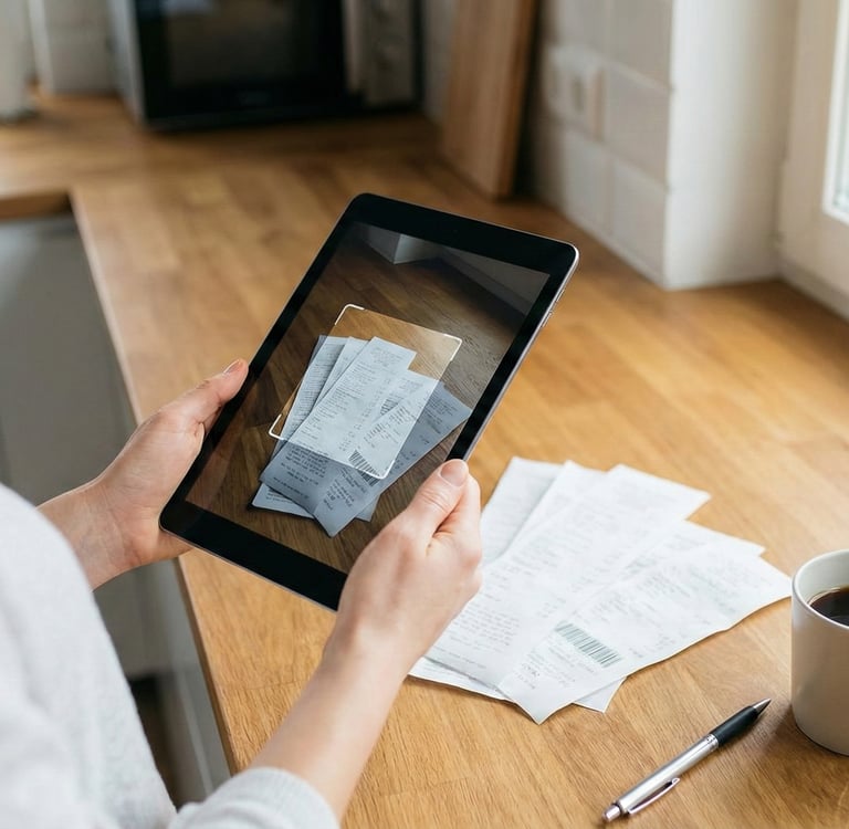 A person using a tablet for AI family budgeting to scan and track paper receipts on a kitchen counter automatically.
