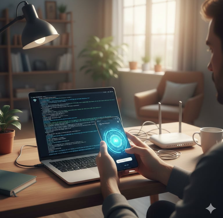 A man using AI prompts on his smartphone to troubleshoot home technology issues like router setup, computer errors on laptop