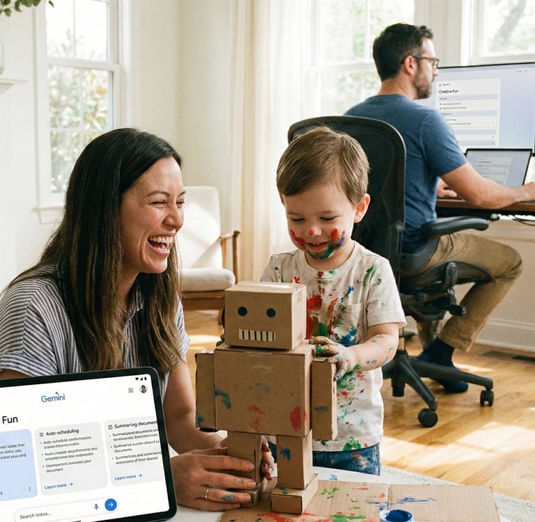 A realistic scene of a family using Google Gemini 3 on a tablet for creative play and a desktop for work productivity in home