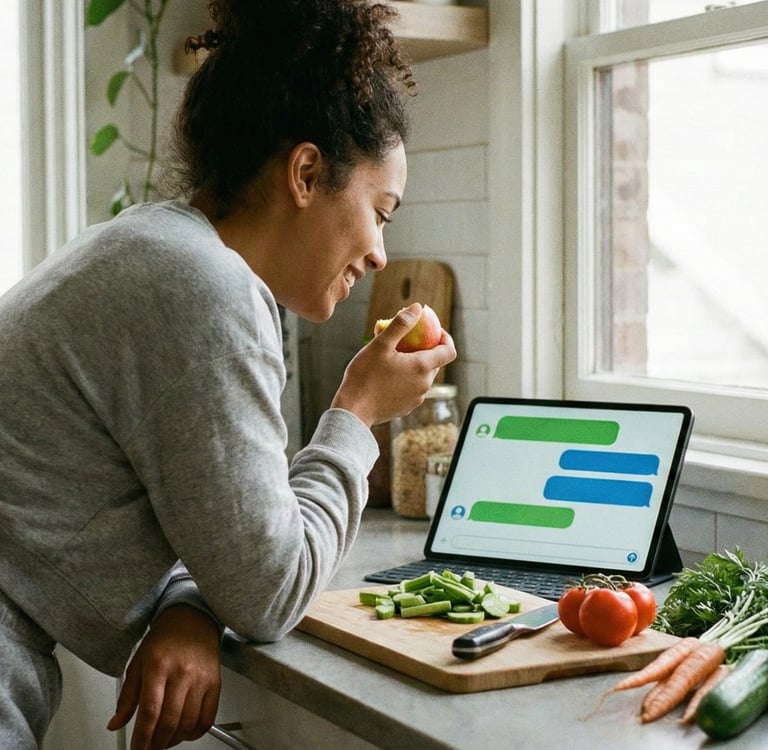 woman eating apple in modern kitchen, checking a wellness chat app or digital nutrition guide on a tablet next to vegetables.