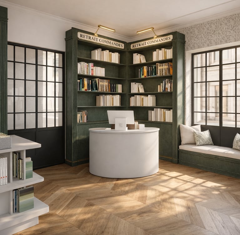 Modern bookstore interior featuring a curved white reception desk, green built-in bookshelves, and parquet flooring.