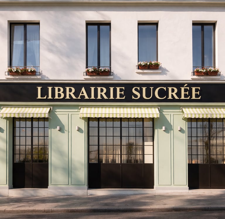 Librairie Sucrée storefront with pale green walls, striped awnings, and flower boxes in Paris.