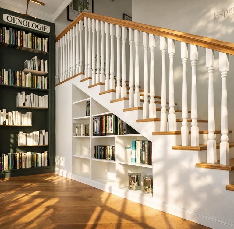 Modern wooden staircase with built-in white bookshelves and library storage in a bright home interior.