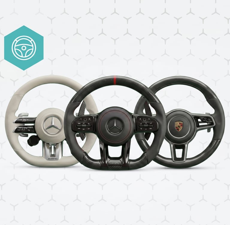 High-performance Mercedes AMG and Porsche steering wheels with carbon fiber and leather finishes.