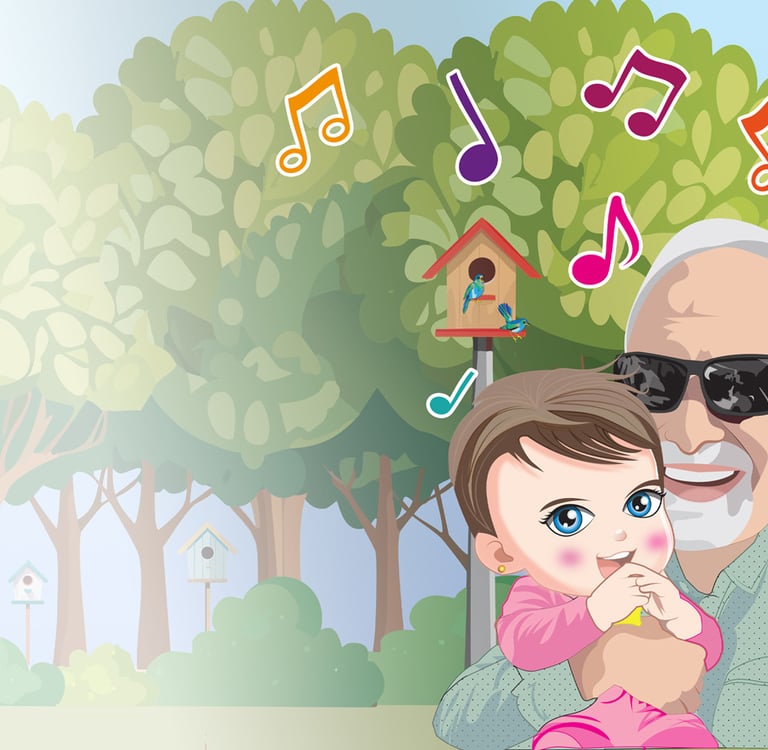 “Grandfather holding a baby with musical notes and birdhouses in a joyful children’s illustration.”