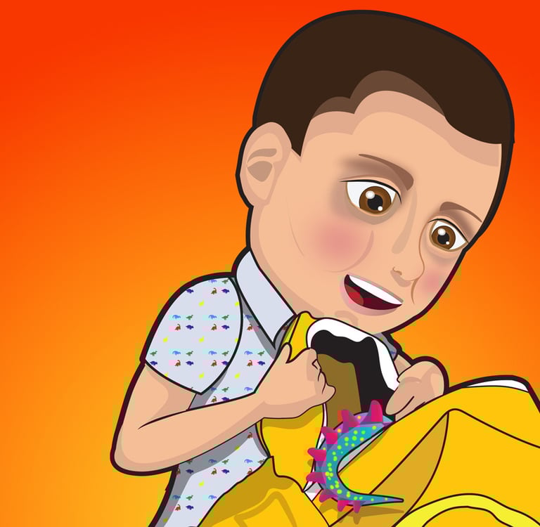 “Child opening a yellow bag with colorful stars bursting out — playful children’s illustration.”