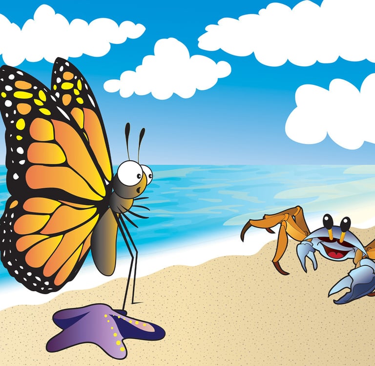 “Colorful beach scene with a butterfly on a sea star and one animated crab - playful children’s illustration.”