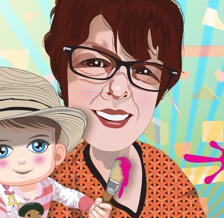 “Stylized portrait of an adult and child smiling with colorful hearts and paint splashes — expressive illustration.”