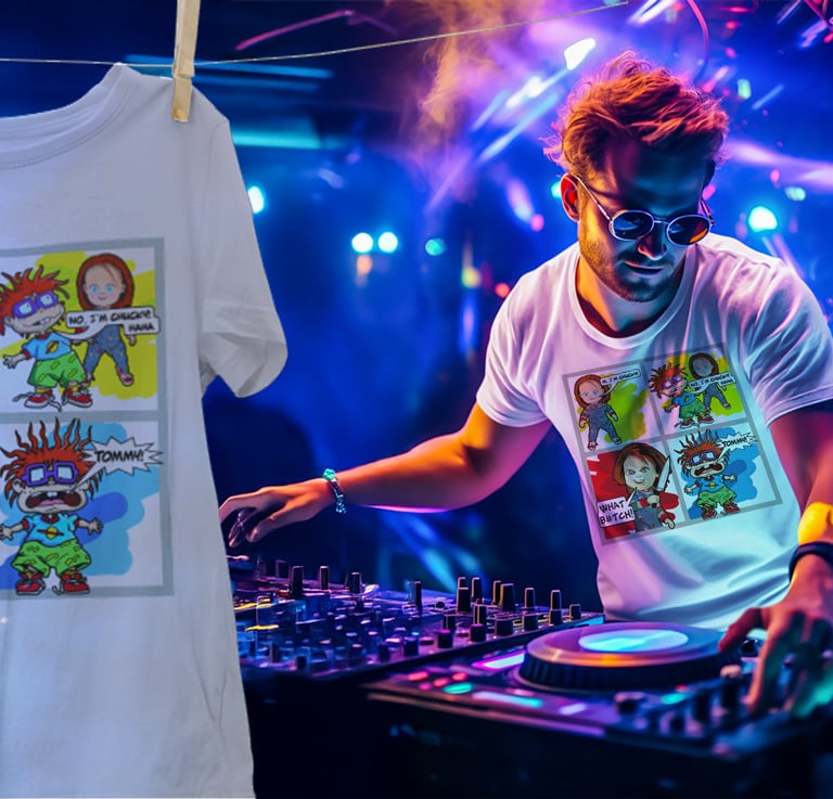 “Comic-style t‑shirt design shown on a hanger and worn by a DJ at an event - illustrated apparel artwork.”