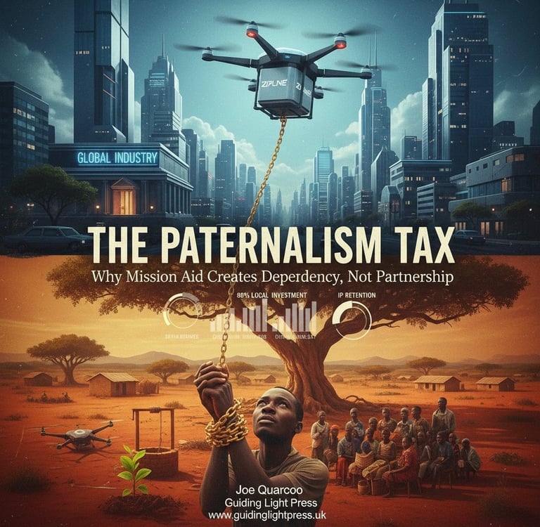 Decolonial inquiry artwork for The Paternalism Tax article by Guiding Light Press