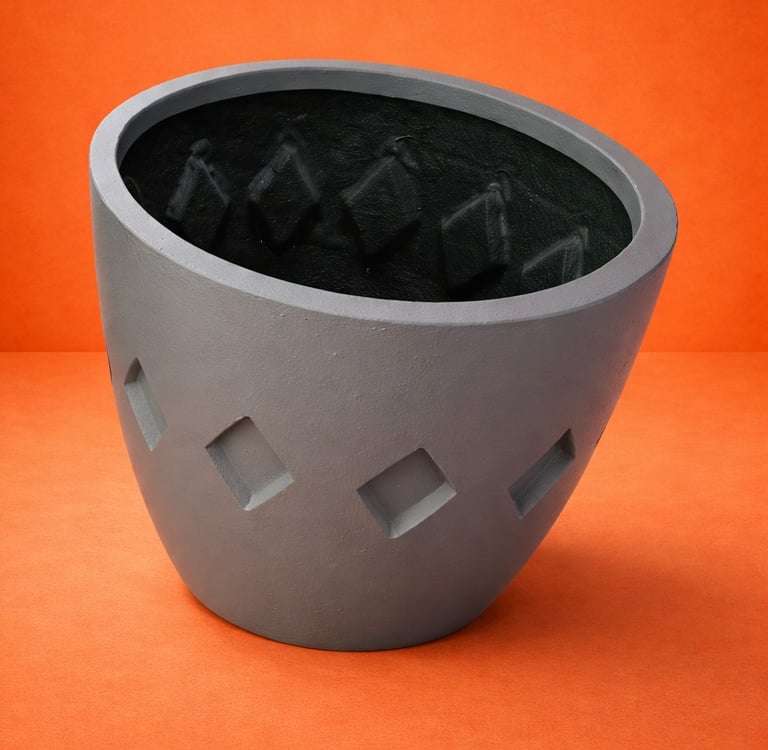 maceta gris con formas de rombos en fibra de vidrio