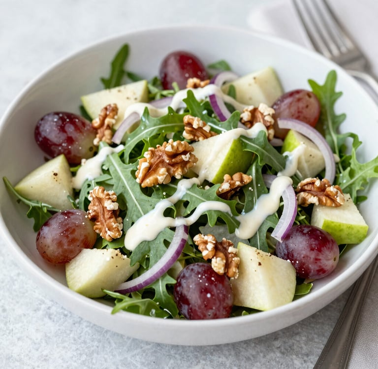 Fresh arugula salad with red grapes, sliced pears, walnuts, and red onion drizzled with creamy dressing.