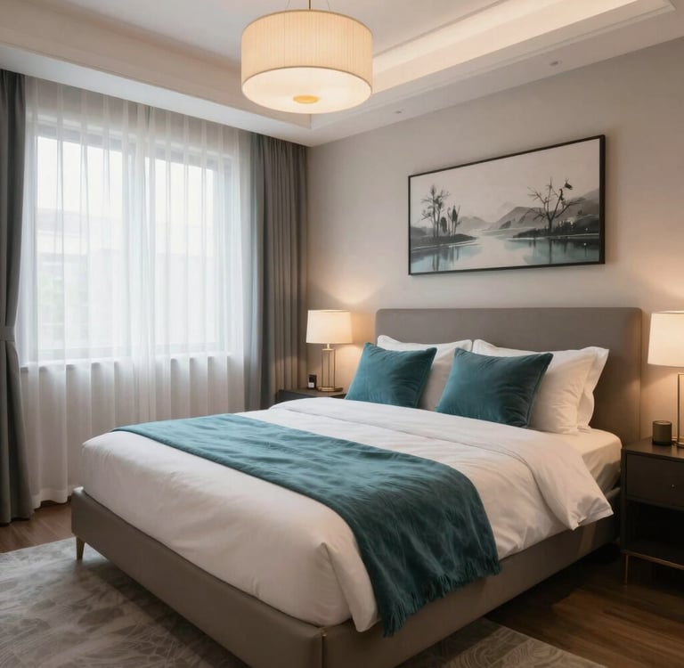 Spacious bedroom with crisp white linens and calming ambiance