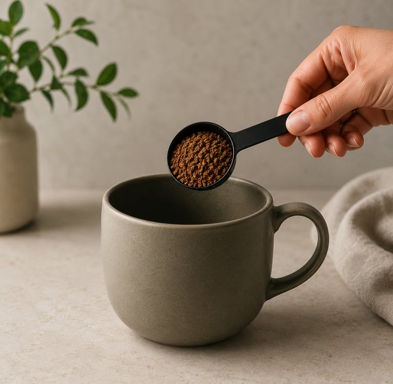 A hand pouring a scoop of dark instant coffee granules into a gray ceramic mug on a stone countertop.