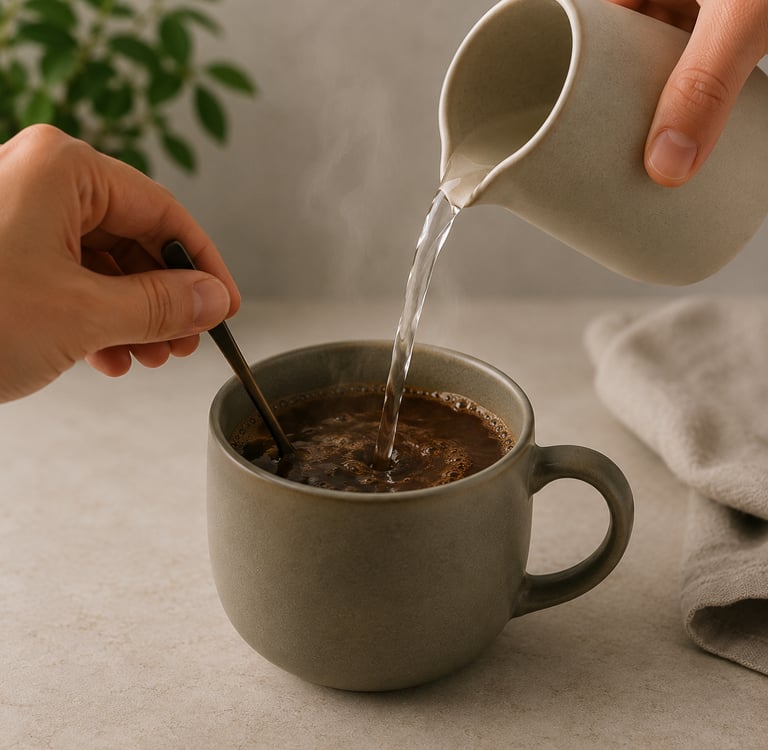 A person pouring steaming hot water from a ceramic pitcher into a grey mug of dark coffee while stirring with a spoon.