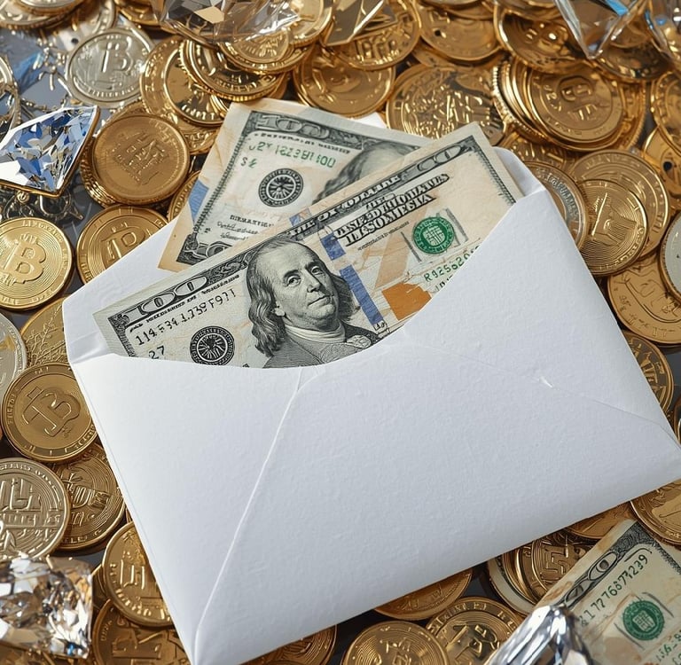 Envelope with dollar bills and coins representing income and financial opportunity