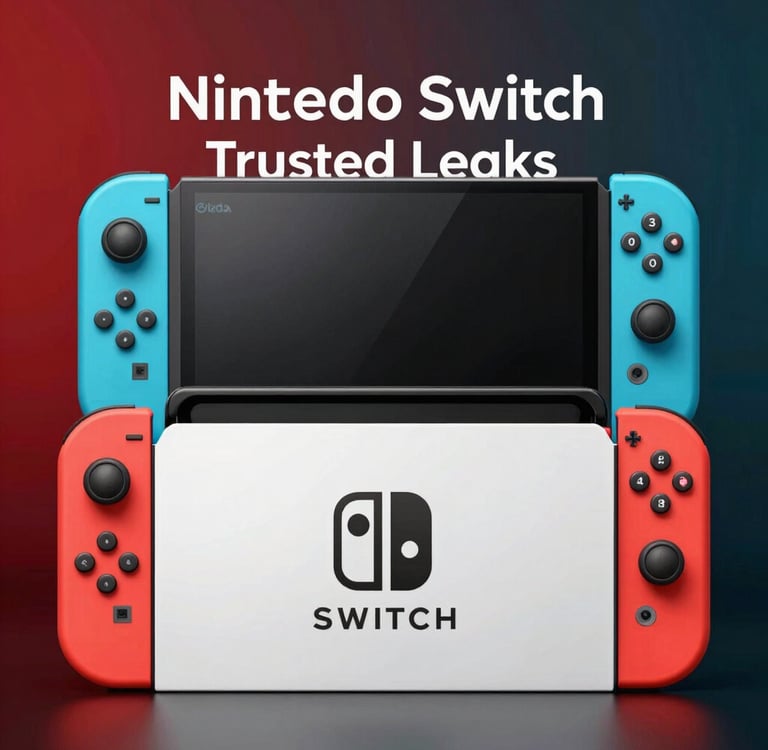 Nintendo Switch console with blue and red Joy-Con controllers displayed over trusted leaks text.