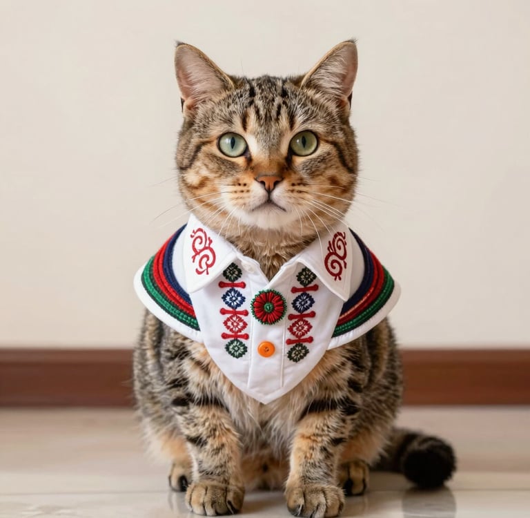 Un gato doméstico atigrado que lleva un collar tradicional blanco bordado con motivos folclóricos