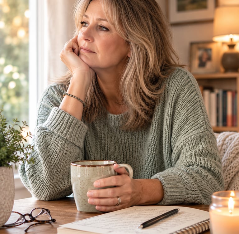 Adult daughter sitting quietly after making a difficult caregiving decision, reflecting on the guilt