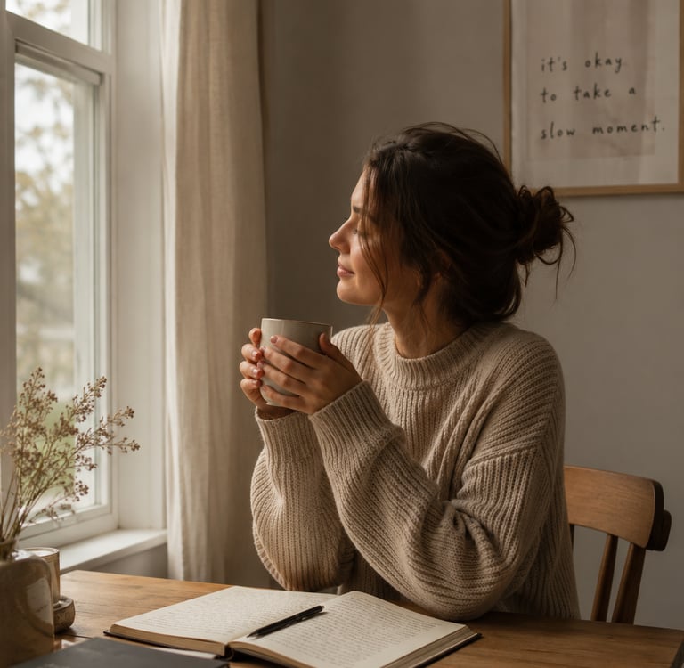 soft window light coffee/journal seated calm moment neutral tones - “quiet relief”