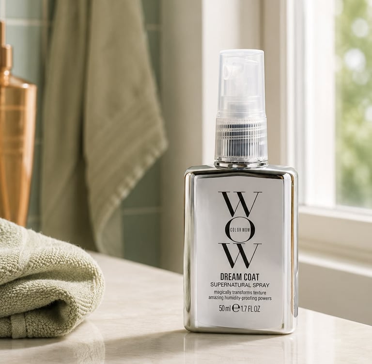 Color Wow Dream Coat Supernatural Spray on a marble bathroom counter for anti-frizz hair styling.