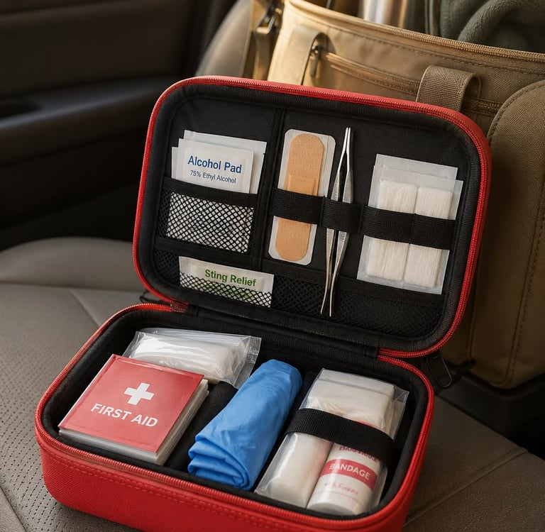 Red emergency first aid kit with medical supplies on a car seat for travel safety and preparedness.