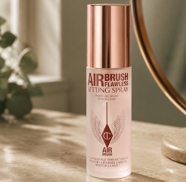 Charlotte Tilbury Airbrush Flawless Setting Spray bottle on a marble vanity near a mirror.