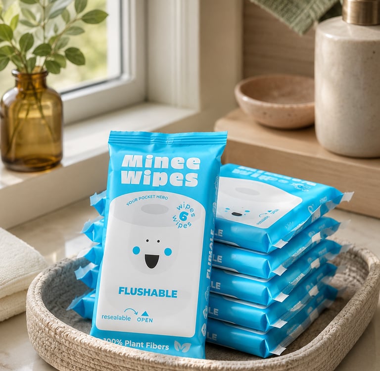 Flushable Minee Wipes made from 100% plant fibers stacked in a woven bathroom basket.