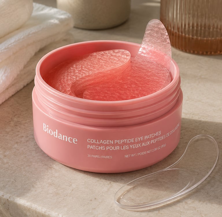 Biodance Collagen Peptide Eye Patches in a pink jar with hydrogel masks for skincare and anti-aging.
