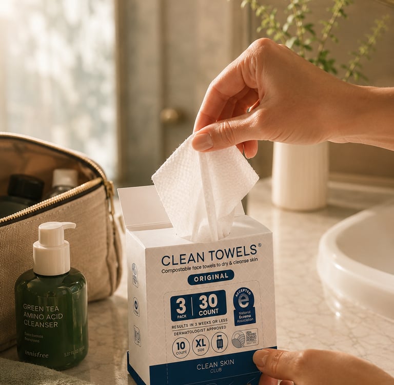 Hand pulling a biodegradable face towel from a box of Clean Skin Club Clean Towels on a bathroom counter.