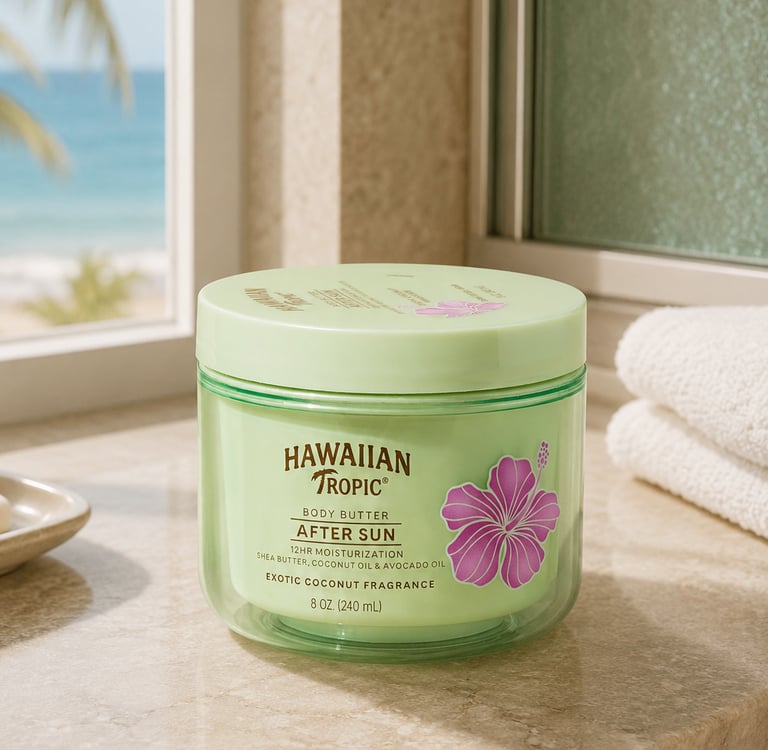 Hawaiian Tropic After Sun Body Butter jar on a marble counter with a beach view.