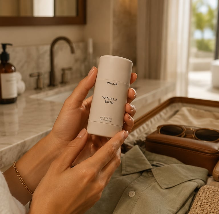 A hand holding Phlur Vanilla Skin deodorant over a packed travel suitcase in a luxury bathroom.