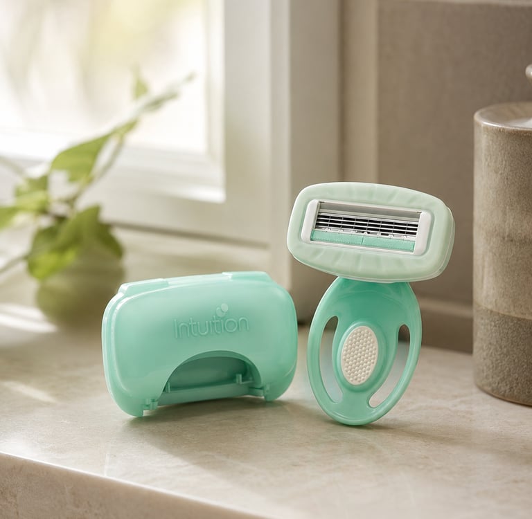 Schick Intuition mint green travel razor and protective case on a marble bathroom counter.