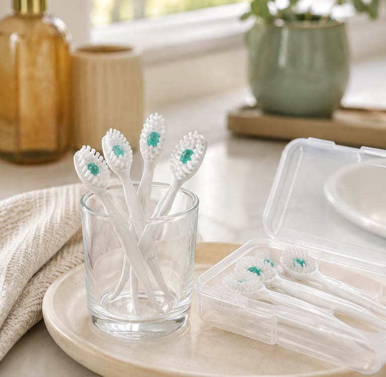 A glass holder and storage case containing several white replacement electric toothbrush heads in a bright bathroom.